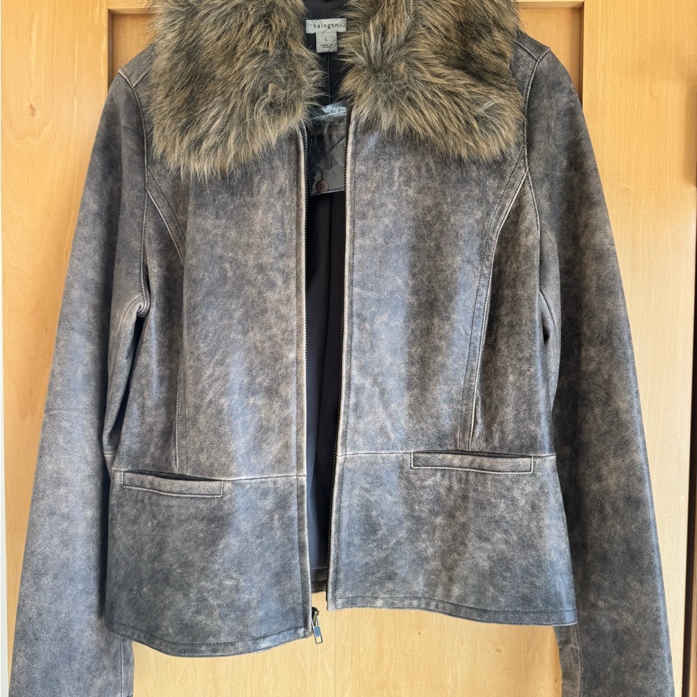 Halogen Brown Leather Jacket with Faux Fur Collar